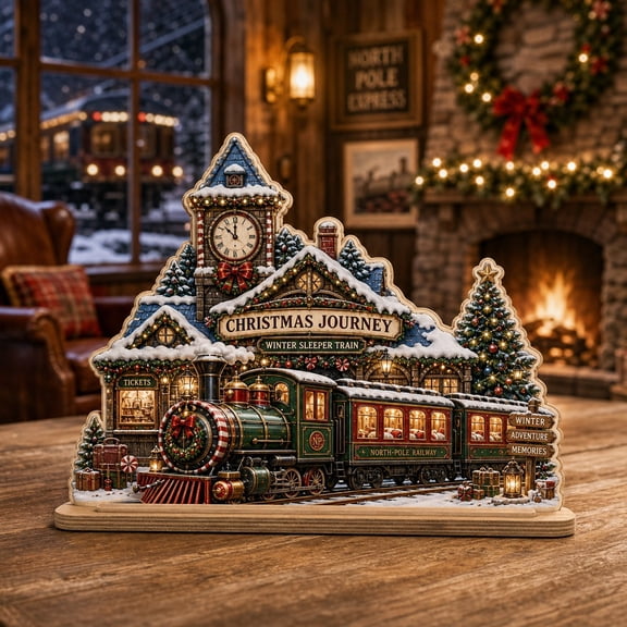 Wooden Block Decor Christmas Journey Winter Sleeper Train Wood Tabletop Display for Holiday Mantel