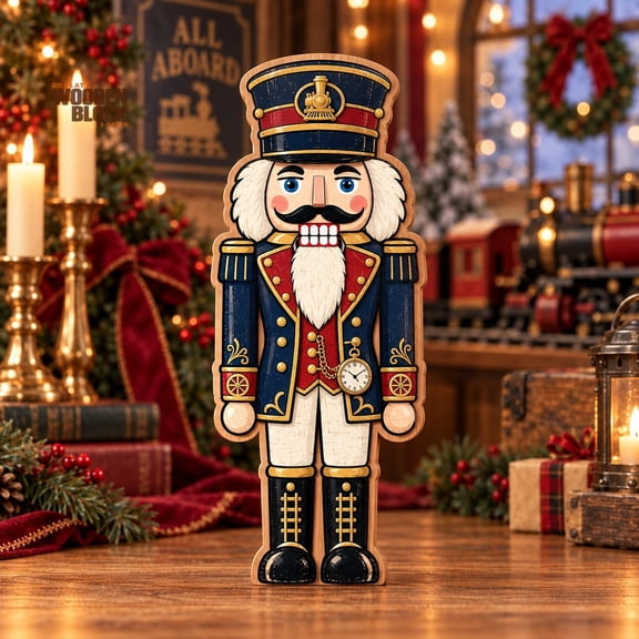 Wooden Block Decor Christmas Train Conductor Nutcracker for Mantel Display, Holiday Gift