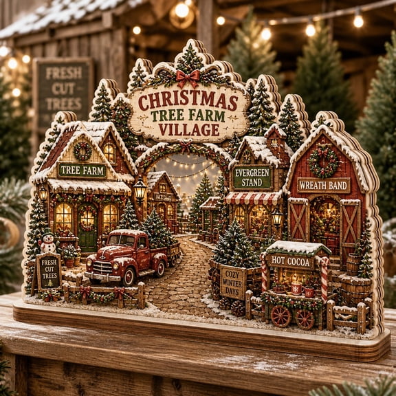 Wooden Block Decor Christmas Tree Farm Village Wood Tabletop Display for Holiday Mantel