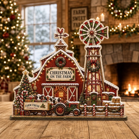Wooden Block Decor Christmas Windmill Farm Wood Tabletop Display for Rustic Holiday Decorating