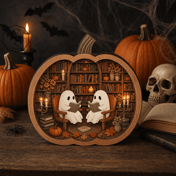 Wooden Block Decor Cute Ghost Pumpkin Library Wood Tabletop Shelf Accent for Halloween Book Lovers