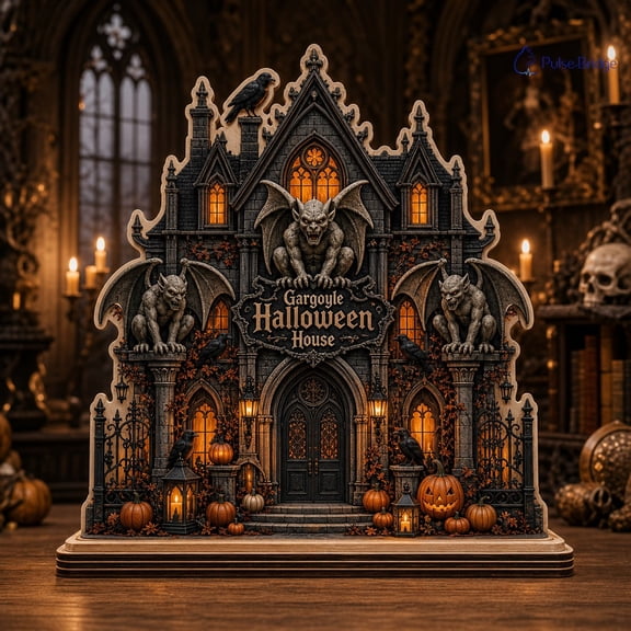 Wooden Block Decor Gargoyle Gothic House Halloween Wooden Tabletop Display for Gothic Decor Lovers