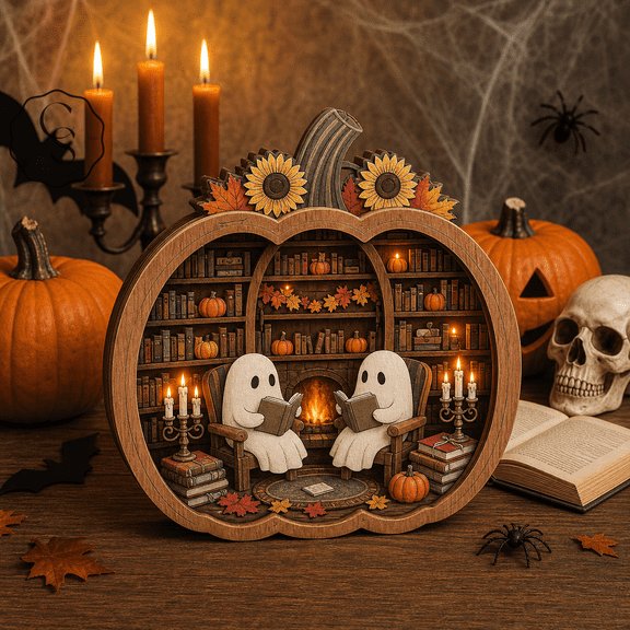 Wooden Block Decor Ghost Reading Pumpkin Wood Tabletop Display for Halloween Book Lovers