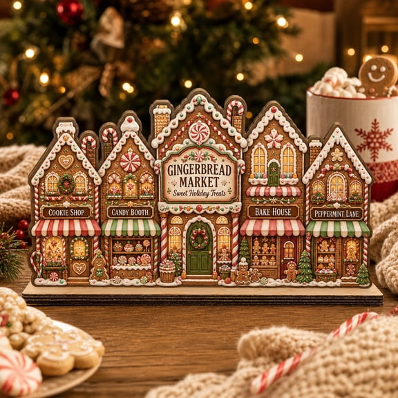 Wooden Block Decor Gingerbread Christmas Village Wood Tabletop Display for Holiday Decor