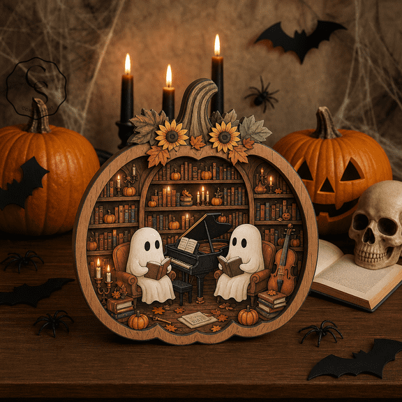 Wooden Block Decor Halloween Pumpkin Ghost Library Wooden Tabletop Accent for Fall Decorating