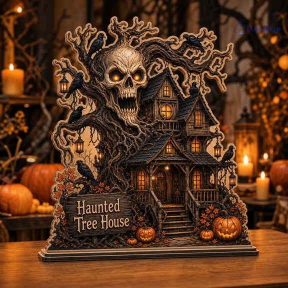 Wooden Block Decor Haunted Tree House Wood Tabletop Display for Halloween Parties and Spooky Home Styling