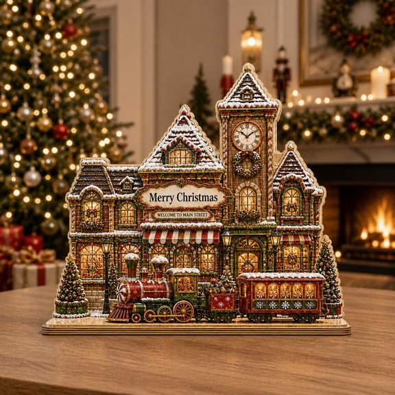 Wooden Block Decor Holiday Main Street Clock Tower Wooden Tabletop Display for Christmas Mantel