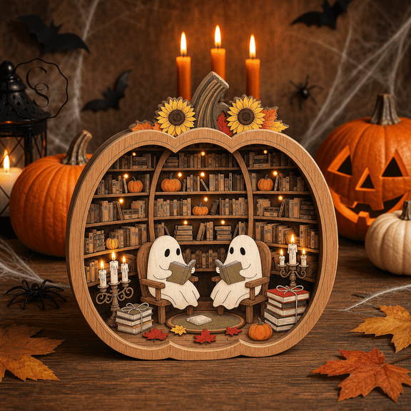 Wooden Block Decor Layered Pumpkin Ghost Reading Books Wooden Tabletop Display for Halloween