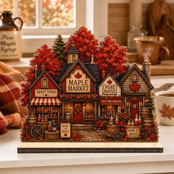 Wooden Block Decor Maple Syrup Village Wood Tabletop Display for Fall Kitchen Decor