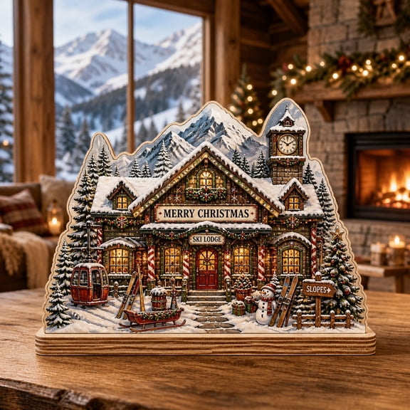 Wooden Block Decor Mountain Christmas Ski Lodge Wood Tabletop Display Holiday Gift