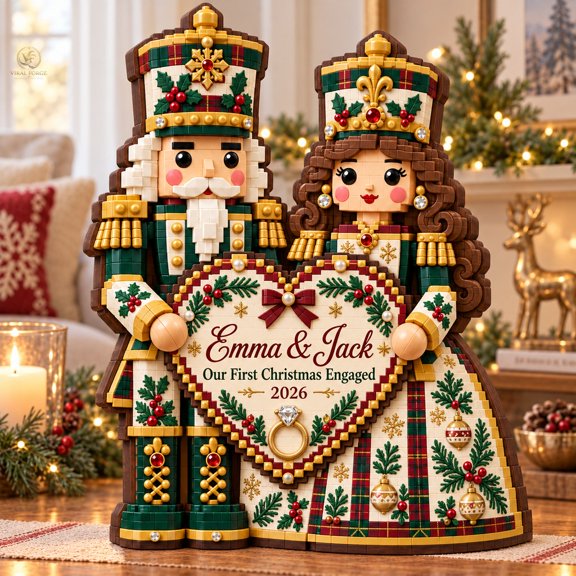 Wooden Block Decor, Personalized First Christmas Nutcracker Couple, 3-Layer Shelf Sitter for Engaged Partners
