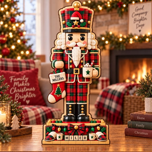 Wooden Block Decor, Personalized Plaid Nutcracker 3-Layer Shelf Sitter for Christmas Family Display