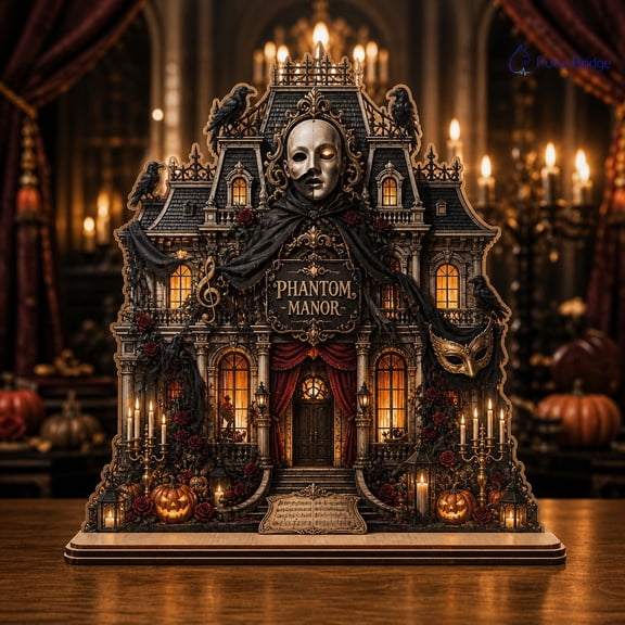 Wooden Block Decor Phantom Manor Halloween House Wood Tabletop Display for Gothic Halloween Fans