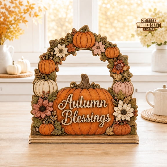 Wooden Block Decor Pumpkin Floral Arch for Fall Thanksgiving