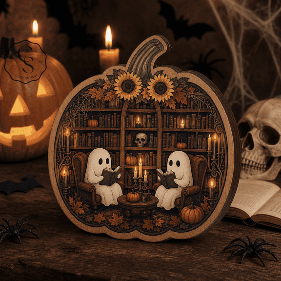 Wooden Block Decor Pumpkin Ghost Library Wooden Tabletop Accent for Halloween Book Lovers