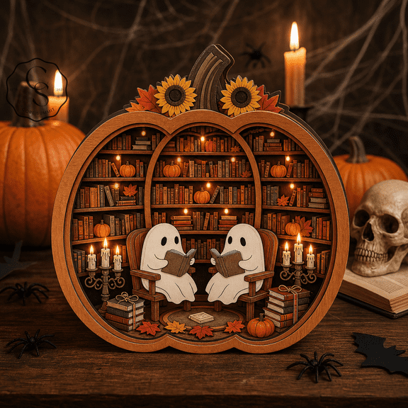 Wooden Block Decor Pumpkin Ghost Library Wooden Tabletop Display for Halloween Book Lovers