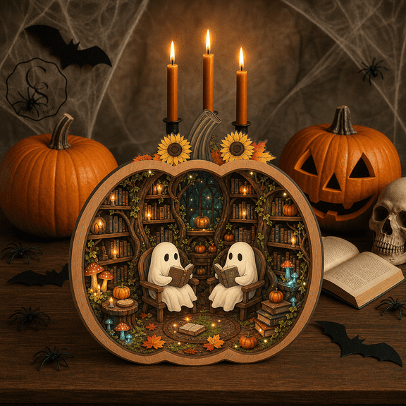Wooden Block Decor Pumpkin Ghost Reading Wood Tabletop Shelf Accent for Halloween Decor