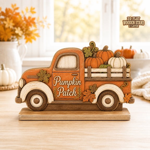 Wooden Block Decor Pumpkin Patch Truck Fall Tabletop Sign