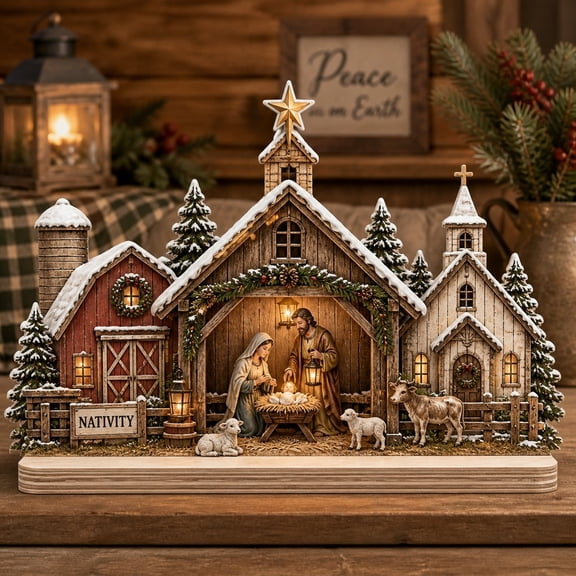 Wooden Block Decor Rustic Nativity Farm Scene Wood Tabletop Christmas Display for Holiday Mantels
