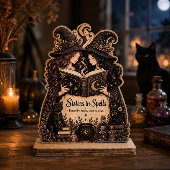 Wooden Block Decor Spellbook Sisters Wood Tabletop Display for Halloween Book Lovers