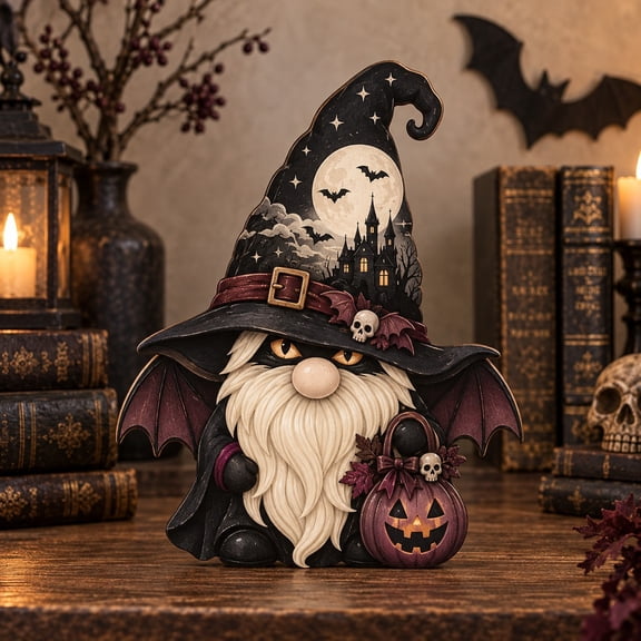 Halloween Wooden Block Spooky Bat Gnome, Spooky Mantel Shelf Sitter and Tabletop Decoration