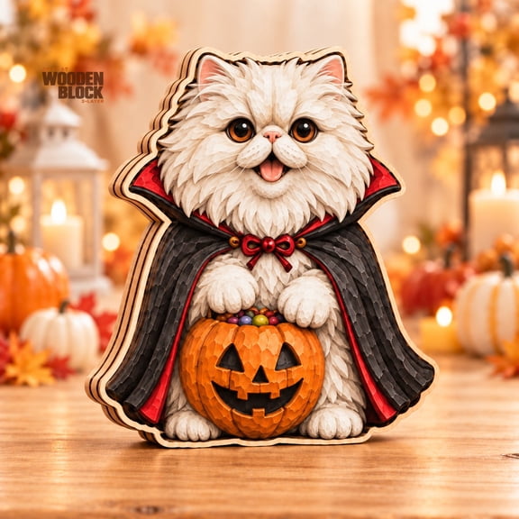Wooden Block Decor, White Persian Cat Vampire, 3-Layer Tabletop Accent for Halloween Fans