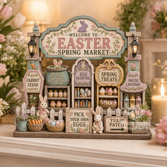 Wooden Block Easter Spring Market Wood Tabletop Display for Seasonal Spring Decor