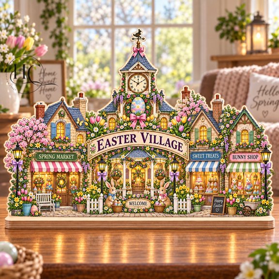 Wooden Block Easter Village Spring Market Tabletop Decoration for Holiday Hosts