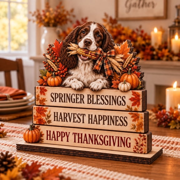 Wooden Block English Springer Spaniel Thanksgiving Harvest Tabletop Accent for Dog Lovers