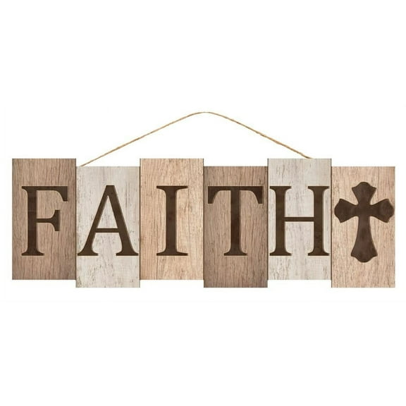 Wooden Block Faith Cross Sign - 14" x 5", Brown, Rustic Christian Wall Decoration, Easter, Church, Jesus Christ, Wreath, Home, Kitchen, Office, Christmas