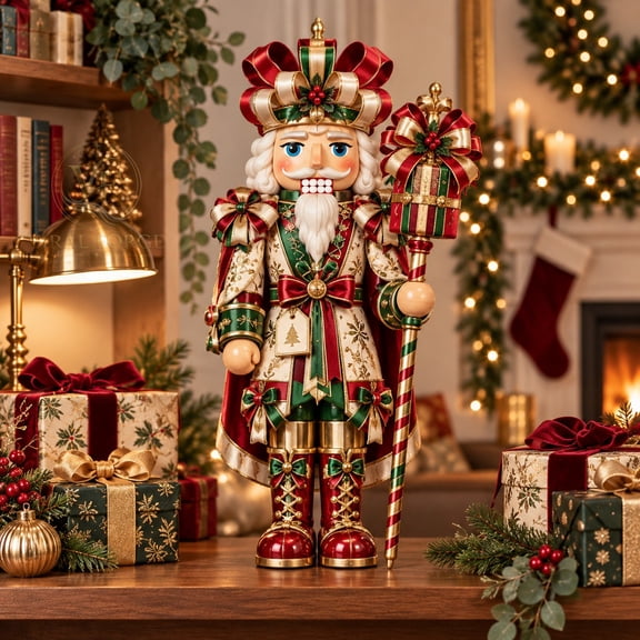 Wooden Block Festive Ribbon Nutcracker Tabletop Display for Christmas Gifting