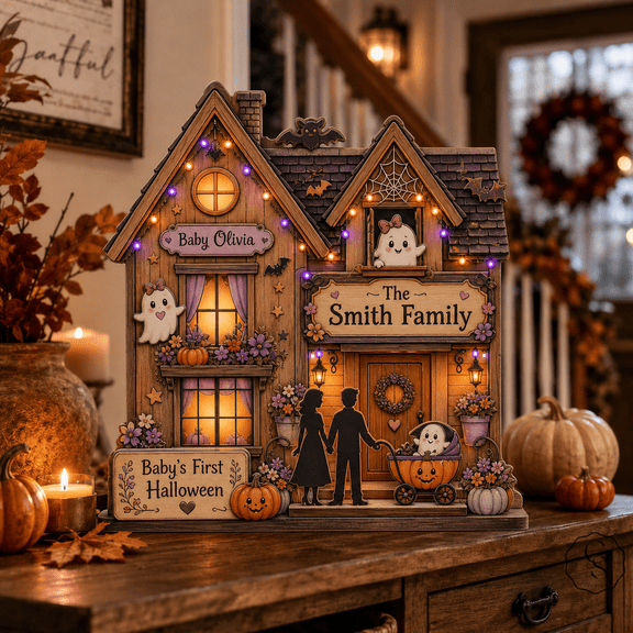 Wooden Block First Halloween House Wooden Self-Standing Tabletop Sign for Family Keepsake