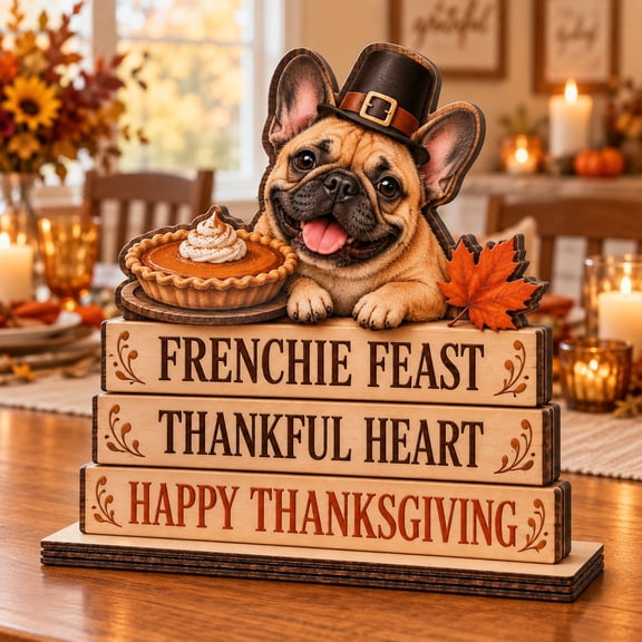 Wooden Block French Bulldog Pilgrim, Thanksgiving Tabletop Accent for Dog Lovers