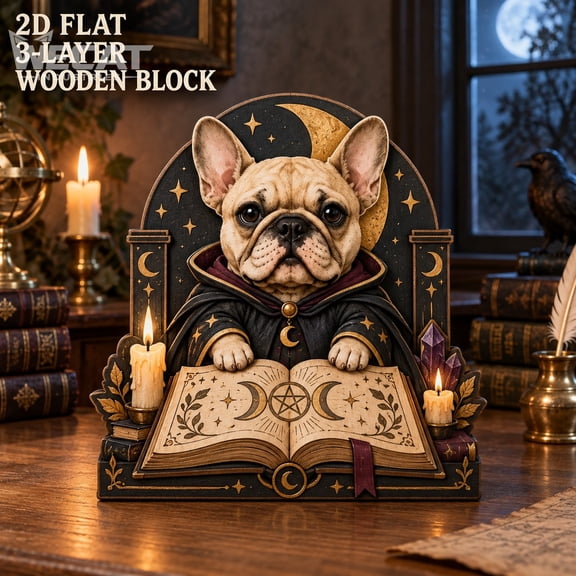 Wooden Block French Bulldog Spellbook Tabletop Display for Dog Lovers