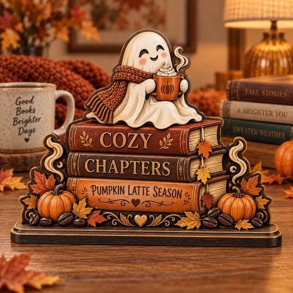 Wooden Block Friendly Ghost Book Stack with Pumpkin Latte, Fall Shelf ...