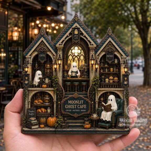 Wooden Block Ghost Café Halloween Wooden Tabletop Decor for Coffee Bar Shelf Display, Coffee Lovers