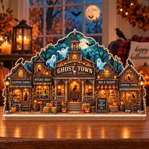 Wooden Block Ghost Town Halloween Village Tabletop Display for Spooky Season Decor