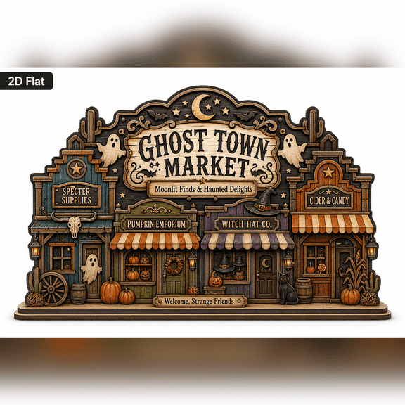 Wooden Block Ghost Town Market Halloween Decor Wood Tabletop Shelf Sign for Fall Seasonal Display