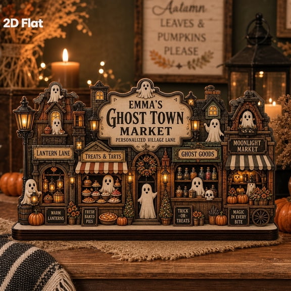 Wooden Block Ghost Town Market Wood Tabletop Shelf Decor for Halloween