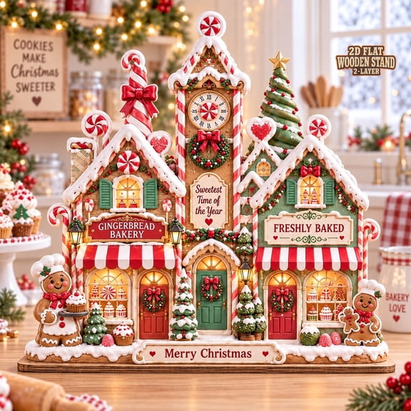 Wooden Block Gingerbread Christmas Village Bakery, Cookie Clock Tower Tabletop Display for Holiday Hosts