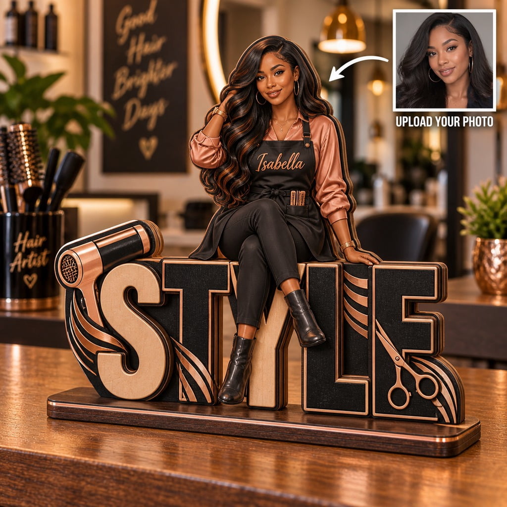 Wooden Block Hairstylist Portrait, Black and Rose Gold Salon Counter ...