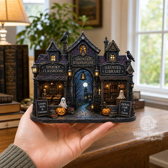Wooden Block Halloween 2 Layer Haunted Schoolhouse Village Wood Tabletop Display for Teachers