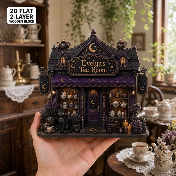 Wooden Block Halloween 2 Layer Witch Tea Room Wooden Tabletop Display for Gothic Halloween Decor