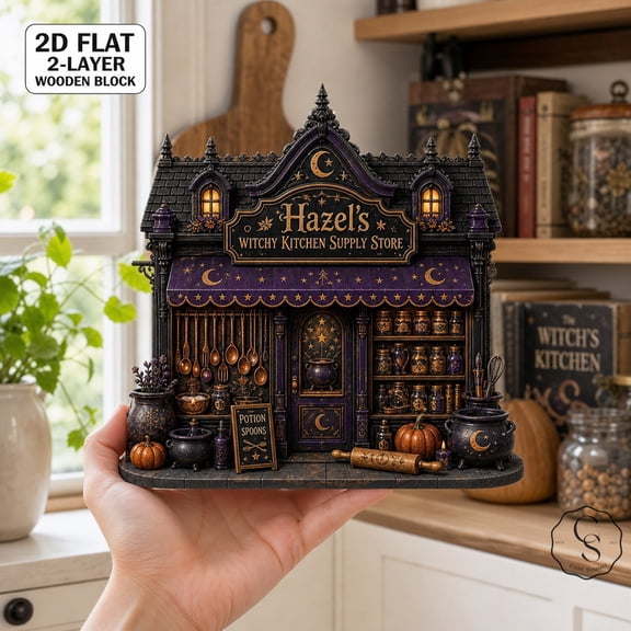 Wooden Block Halloween 2 Layer Witchy Kitchen Wooden Counter Display for Halloween Decor Lovers