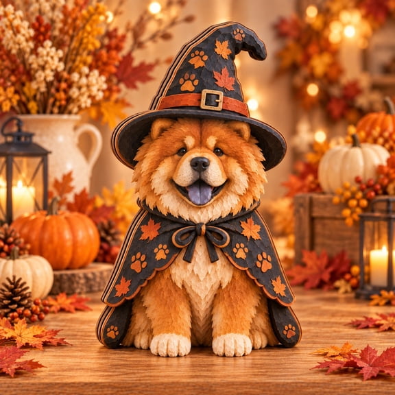 Wooden Block Halloween Chow Witch Tabletop Decor for Dog Lovers