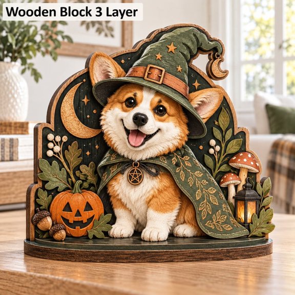 3Layer Wooden Block Halloween Corgi Witch Ghost and Pumpkin Shelf Sitter for Fall Decor