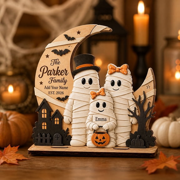 Wooden Block Halloween Decoration Mummy Family Wood Tabletop Display for Personalized Family Keepsake