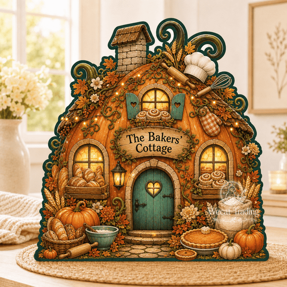Wooden Block Halloween Decorations, Fall Baker Cottage Wood Tabletop Display for Autumn Kitchen
