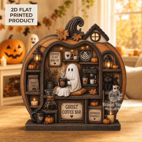 Wooden Block Halloween Decorations Ghost Coffee Lover Wood Shelf Sitter for Coffee Bar