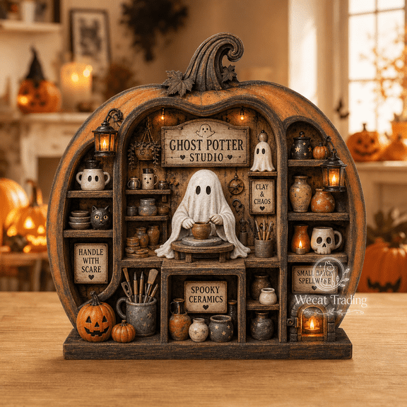 Wooden Block Halloween Decorations Ghost Potter Studio Wooden Shelf Decor for Pottery Lovers